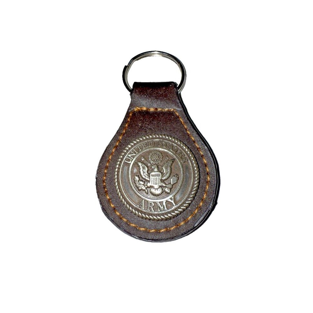 US Army Brown Leather Silver Concho Military Key Ring Chain Unisex